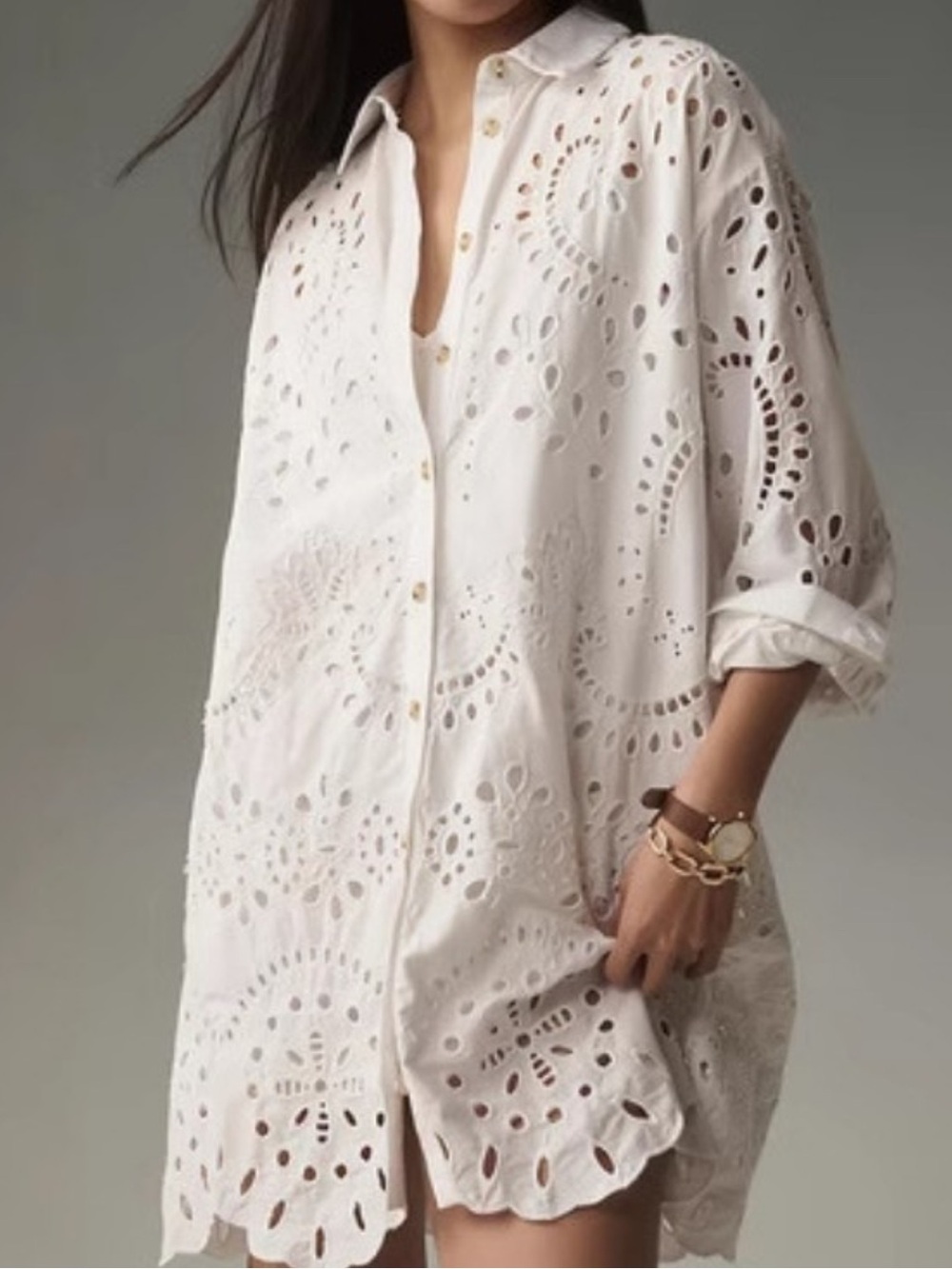 ShopEvelynne White Eyelet Button-Down Shirt